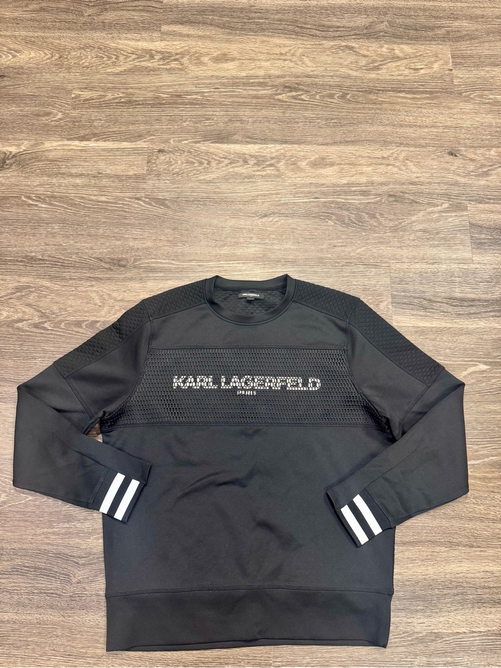 Karl Lagerfeld Paris Men’s XL Black Mesh Logo Textured Pullover Sweatshirt